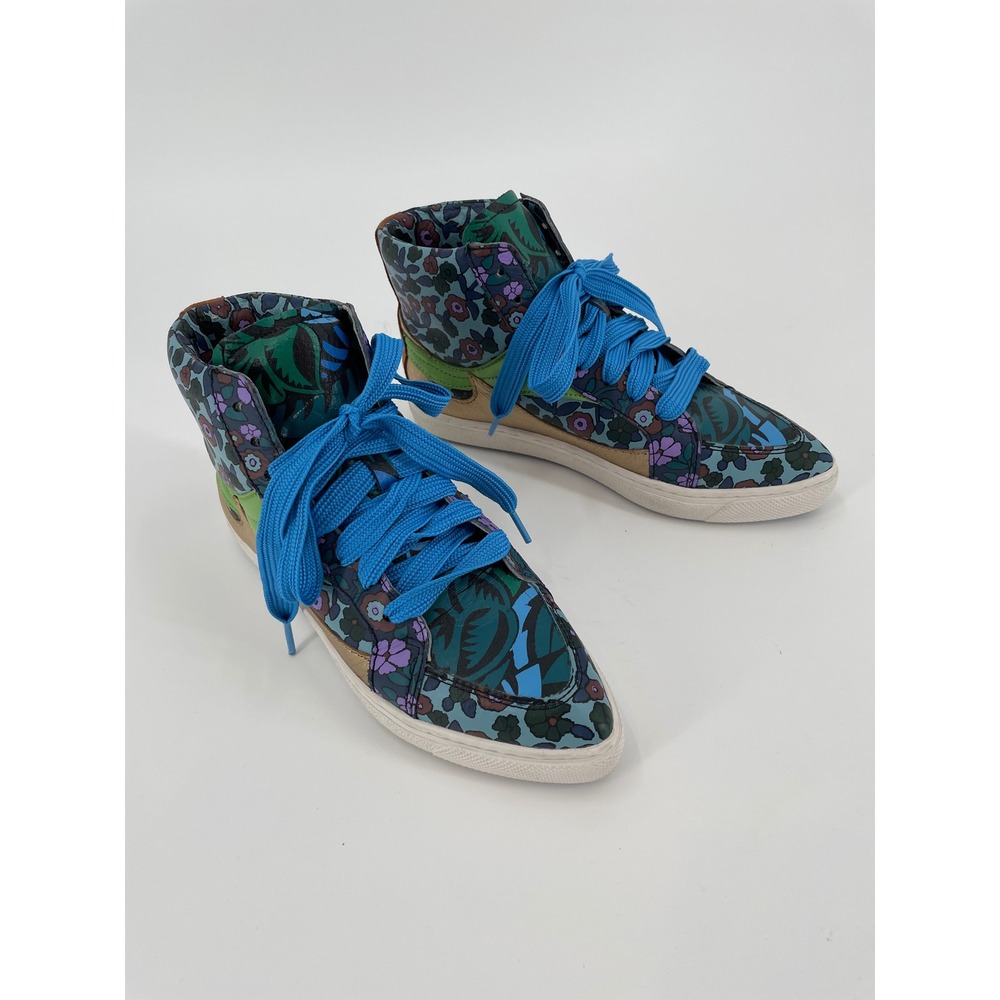 Coach C203 Floral Print High Top Sneakers Womens 6 Leather Blue Lace Shoesā